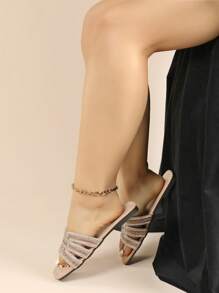 女式平底凉鞋，闪亮可爱 H 型露趾透气穿孔双色水钻镶嵌设计，适合婚礼、派对、休闲、居家、海滩、约会、春夏秋冬度假