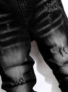 Men's Button Front Pocket Elastic Distressed Denim Jeans, Emo Style, Grunge