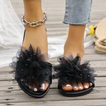 Women's Platform Slide Sandals With Lace Flower & Faux Pearl Decor, Strap , Extra Soft Sole, Comfortable Cloud-Like Feel, Anti-Slip Bathroom/Beach Slippers