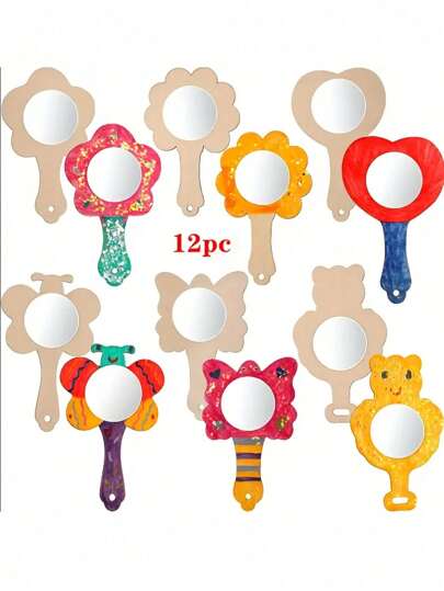 12 Stücke zum Bemalen geeignete Holz DIY Handhand-Spiegel, kreatives Bastelset, 3,35 x 5,12 Zoll, toll als Urlaubsgeschenk, Valentinstag und Muttertag