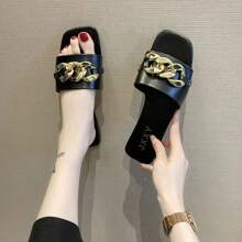 2024 New Fashion Women's Slippers Square Toe Chain Slippers Flat Slide Sandals Beach Flip Flops Metal Dration Casual Shoes