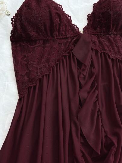 Verleidelijke Kanten Patchwork Pajama Set Alluring Neck, Backless Ruffle Rhinestone Accent, able Side Slit Hem, Adjustable Shoulder Straps, Comfy Relaxed Fit, Mature Choice view 4