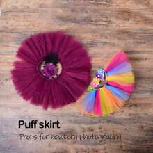 新生儿摄影道具女童服装婴儿摄影道具公主蓬松薄纱芭蕾舞裙和花卉头带，新生儿摄影肖像礼物 - 彩色 - 查看 3