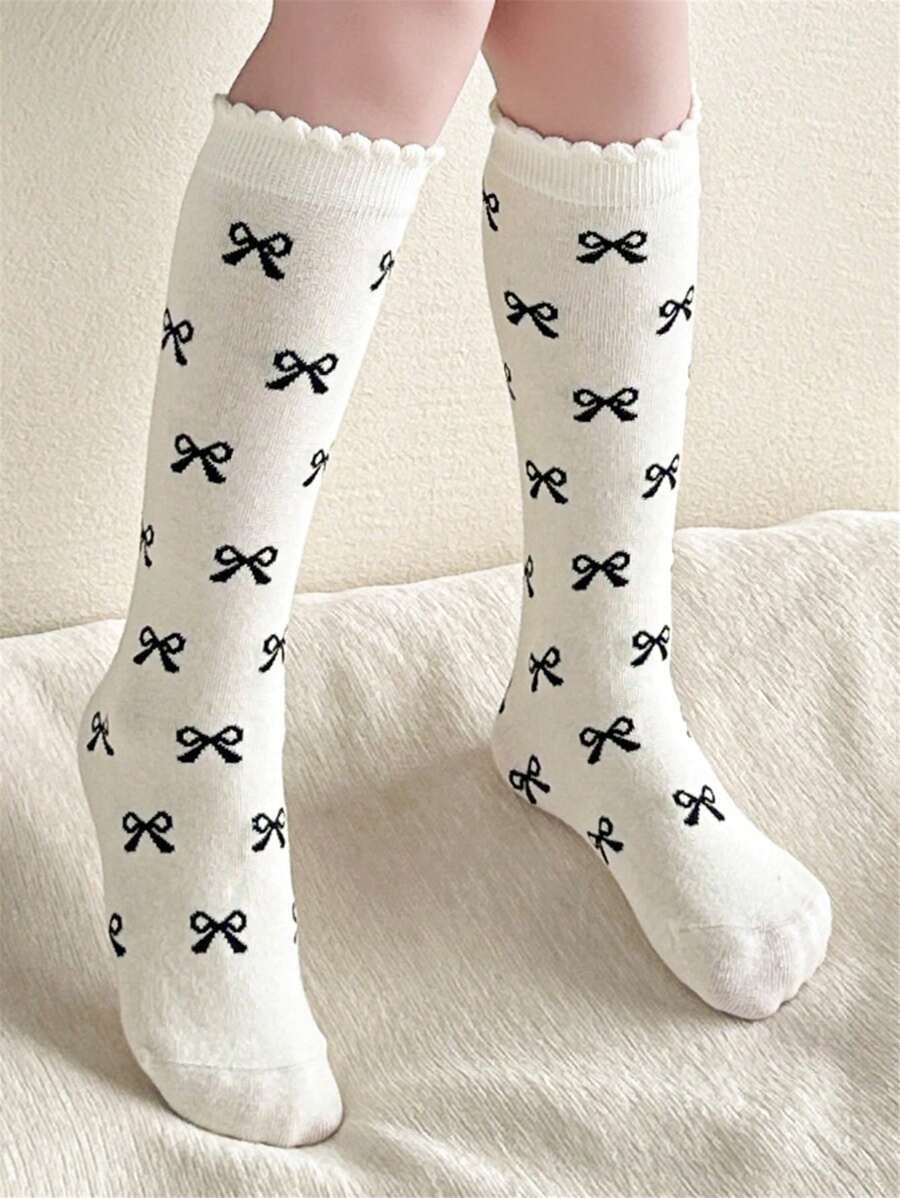 1 par de calcetines de media pantorrilla suaves y cómodos con decoración de lazo, en estilo japonés/coreano, versátiles para usar en todas las estaciones - Blanco - Ver 1