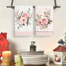 1 件/2 件超细纤维婚礼季节手巾，现代花卉和波尔卡圆点设计，柔软吸水可机洗涤纶洗碗布，非常适合厨房装饰、烹饪、烘焙、节日装饰和浴室必需品、餐桌装饰、厨房用品、家居装饰、新家浴室乔迁礼物、厨房毛巾