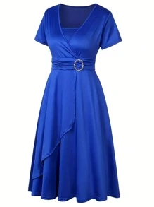 Plus Size Feminino Elegante Moda Elegante Confortável Cintura Alta Elástica A-Line Cor Sólida Casual, Festa, Vestido de Convidado de Casamento, Tecido de Malha Pura Com Bainha de Babados Cruzados e Anel Redondo