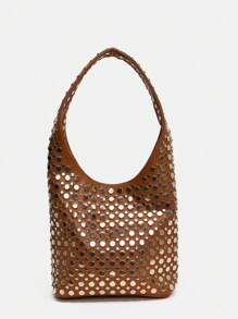 1pc  European& American Punk Style Heavily Embellished Double-Sided Round Riveted Inlaid Fashionable Niche Luxury Bucket Bag, Elegant Shoulder Bag For Professional Women/ Office Use - 棕色 - 查看 1