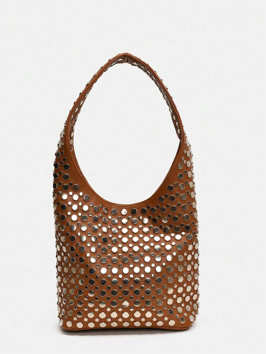 1pc  European& American Punk Style Heavily Embellished Double-Sided Round Riveted Inlaid Fashionable Niche Luxury Bucket Bag, Elegant Shoulder Bag For Professional Women/ Office Use - 棕色 - 查看 1