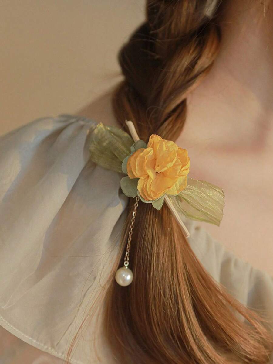 3 Stücke Blumen Haargummis für Frauen, hochwertige Kunstperlen-Quaste, Haargummi Haarzubehör Scrunchies - Gelbe Blüten + grüne Blüten + cremefarbene Blüten - Übersicht 1