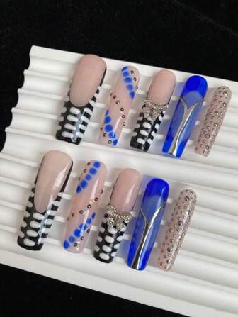 Ten Pieces Of Pure Handmade Press-On Nail Tips. In The Coffin Nail Shape, With Klein Blue Gradient. It Has A Simple Yet Gothic Style. The Mirror Powder Gives It A Strong Metallic Feel, Making It Extremely Cool. It's Suitable For Wearing When Going Clubbing. You Can Match It With Some Metallic Accessories. The Bow Decoration Makes It Look Cuter. It Can Be Given As A Gift To Your Besties And Can Be Worn Repeatedly.