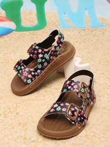 1 paire de sandales plates noires pour filles, fermeture à boucle et à scratch, chaussures d'été polyvalentes et confortables pour l'extérieur et la plage, style minimaliste - Noir - Voir 5