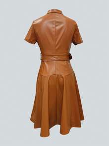 衬衫领拉链腰带 PU 皮革中长连衣裙 - 棕色 - 查看 2