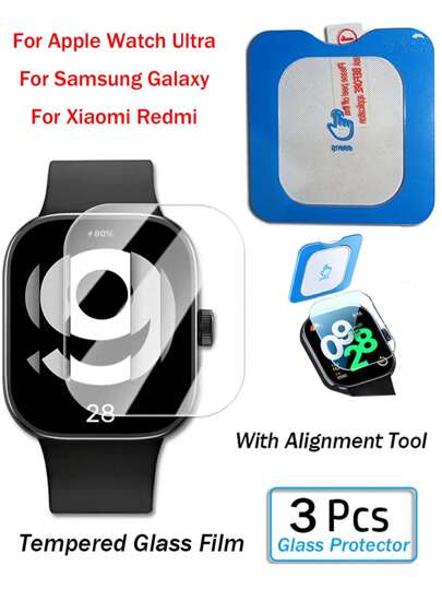 3Pcs Tempered Glass Compatible With IPhone Watch Series Ultra 1/2 Compatible With Samsung Galaxy Compatible With Xiaomi Redmi Watch Ultra 5 Lite Active 4 S3 S4 Sport Watch 4 5 7 6 FE Classic 5 Pro Clear Screen Protector Anti-Scratch Glass With Positioner Easy Installation