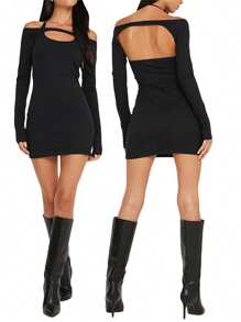 Women Wrapped Dresses Tops Sleeveless Hanging Neck Solid Color Short Midi Long Sleeved Tops - Black - View 7