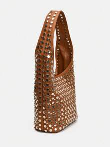 1pc  European& American Punk Style Heavily Embellished Double-Sided Round Riveted Inlaid Fashionable Niche Luxury Bucket Bag, Elegant Shoulder Bag For Professional Women/ Office Use - 棕色 - 查看 3