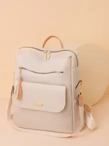 Ladies' Double-Shoulder Bag Solid Color Large Capacity Student Backpack Fashion Tassel Versatile Casual Waterproof Bag, Suitable For Women, Girls Students, Working People And White-Collar, Suitable For Work, Business, Commuting, School, Library, Out, Travel - Beige - View 1