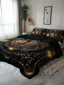 3PCS Super Soft Breathable Golden Sun And Moon Planet Duvet Cover Set (1 Duvet Cover+2 Pillowcases Without Pillow Core), At Home Dormitory High Definition Numerical Code Printing
