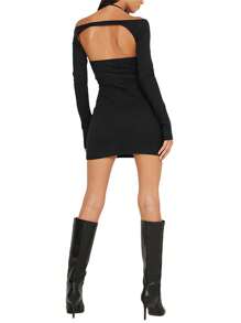 Women Wrapped Dresses Tops Sleeveless Hanging Neck Solid Color Short Midi Long Sleeved Tops - Black - View 6