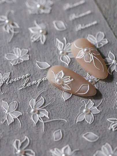 1 ark Vita blommor 3D Pearl Nail Art Dekoration Sticker DIY Art 3D Självhäftande Nail Charm Decal Y2K Style Nail Art Accessories
