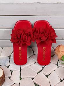 女童花朵装饰凉鞋，夏季露趾平底鞋，百搭休闲沙滩一脚蹬穆勒鞋 - 酒紅色 - 查看 6