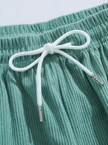 男士休闲灯芯绒运动短裤，抽绳腰带口袋休闲短裤，字母印花，百搭百慕大短裤 - 薄荷綠 - 查看 4