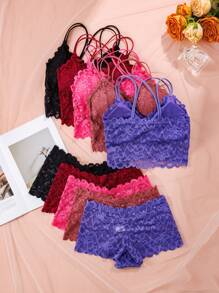 Conjunto de 5 piezas de ropa interior sexy de encaje, sujetador sin aros y camiseta, cómodo para primavera/verano