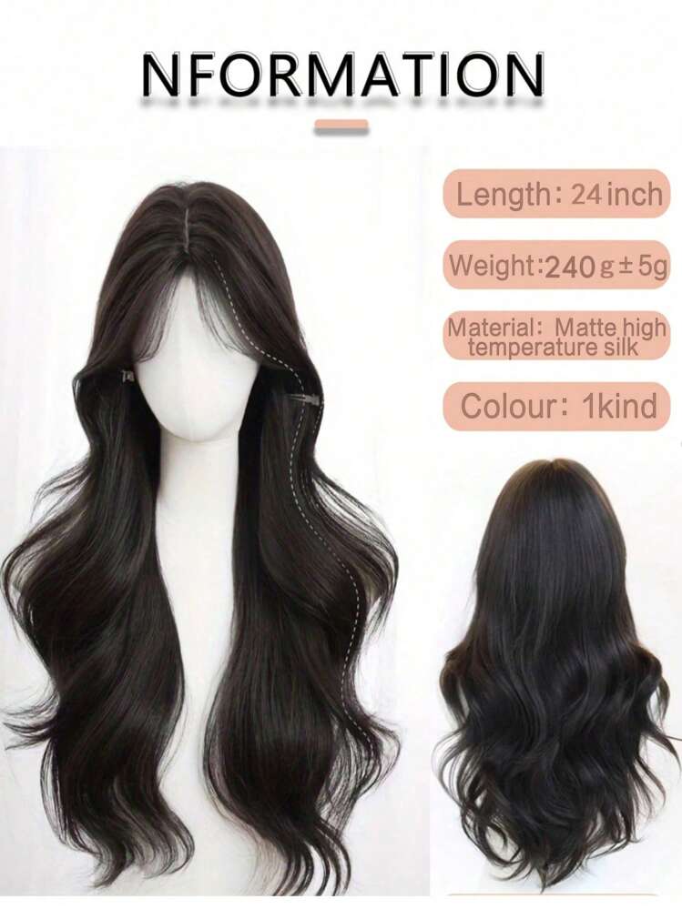 24 Inch 240g Heat Resistant Synthetic Wig, Medium Length Wavy With Bangs, Elegant Wig Suitable For Women's Daily Wear, Black-Brown - Black Brown - View 4