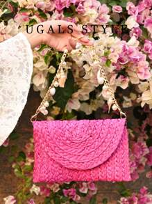 休闲风格购物袋波西米亚编织翻盖包，带有岛屿设计，草编沙滩包，藤条女士晚宴手拿包，新娘婚礼钱包，派对舞会信封手提包 - 粉色 - 查看 3