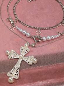 Set de 3 collares vintage góticos personalizados multicapa con estrella, cadena NK, cruz y perla falsa para mujer, collar de cruz y perla, choker de alta gama de estilo hip-hop único y exclusivo