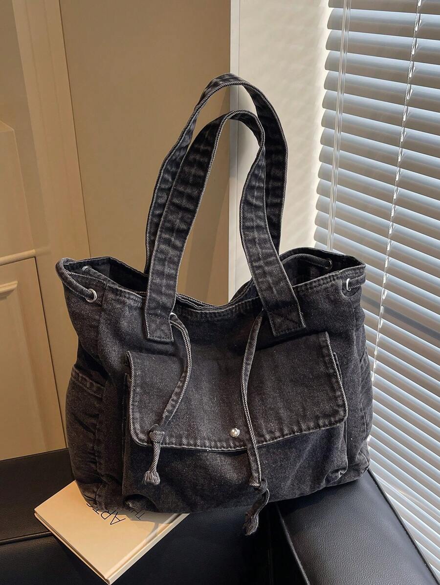 New Fashion Casual Solid Color Canvas Washed Drawstring Shoulder Bag, Spacious Multi-Pocket Tote Bag For Women - Black - View 1