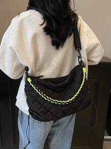 新款褶皱女士单肩包，菱形刺绣涤纶休闲百搭纯色斜挎包，手工编织大容量可折叠手提包，适合日常使用 - 黑色 - 查看 6