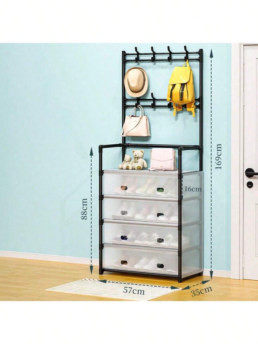 Perchero de 5 niveles con barra de metal para ropa, estante para zapatos para la entrada de la puerta principal, perchero y estante para zapatos de entrada, organizador de almacenamiento multifuncional de entrada, decoración de habitación, decoración de otoño, decoración de dormitorio - Negro - Ver 1
