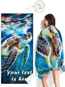 Custom Letter Printing Quick Drying Towel With Sea Turtle Design, Double-Sided Plush Beach Towel, Swimming Towel, Absorbent Towel, Beach Towel, Rectangular Beach Towel, Portable, Digital Printing, Large Size Summer,Holiday