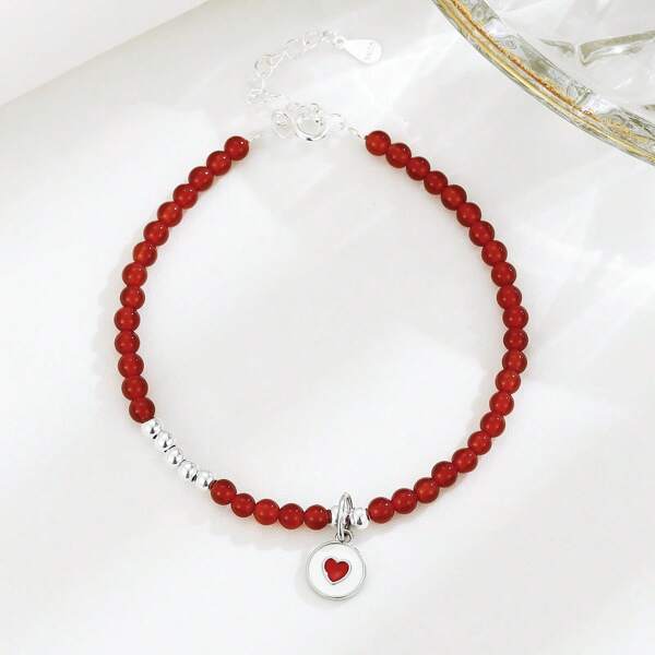 1 pieza Brazalete de plata esterlina S925 con cuentas de ágata roja con diseño de corazón, joyería de piedras preciosas personalizada, regalo para el Día de la Madre