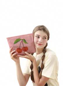 1pc Corduroy Cosmetic Bag, Birthday Gift For Women, Toiletry Bag, Makeup Storage Pouch, Gifts For Best Friends, Cherry Pattern