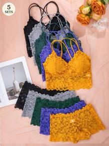 5pcs/Set Sexy Lace Lingerie Set, Wireless Bra, Comfortable Camisole Top & Shorts, Suitable For Party, Home Wear, Spring/Summer - 彩色 - 查看 1
