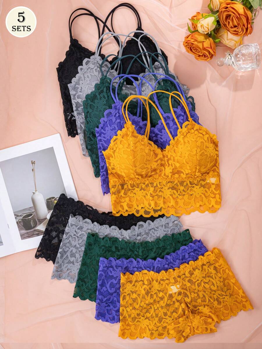 5pcs/Set Sexy Lace Lingerie Set, Wireless Bra, Comfortable Camisole Top & Shorts, Suitable For Party, Home Wear, Spring/Summer - 彩色 - 查看 1