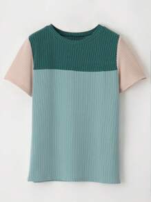 CILKOO Women's Casual Round Neck Contrast Color Ribbed Splice Short Sleeve T-Shirt - Green - View 10