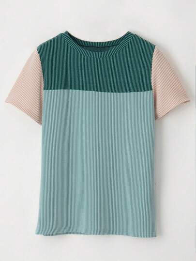 CILKOO 女士休闲圆领撞色罗纹拼接短袖T恤