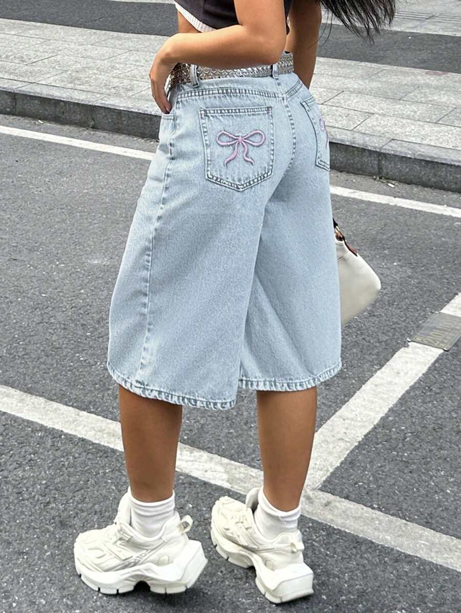 High Waist Bermuda Denim Shorts (No Belt) Casual Summer, Jorts - Light Wash - View 1