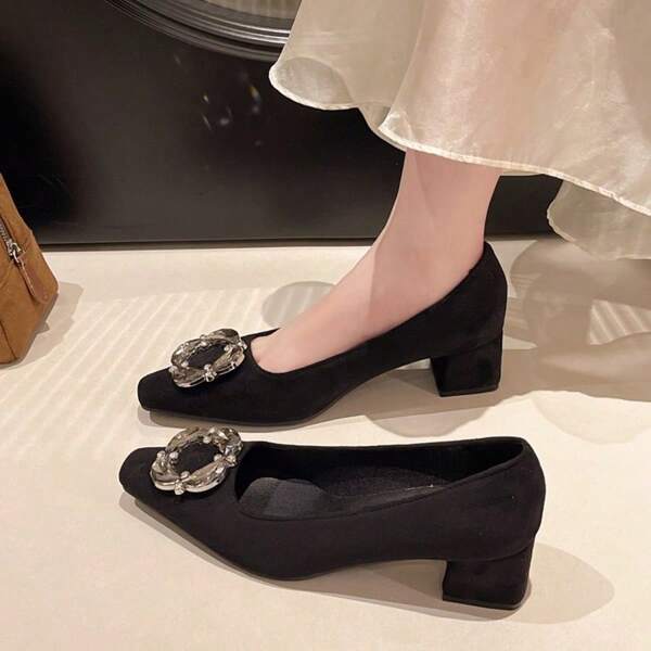 1 par de zapatos de tacón alto elegantes y versátiles con hebilla cuadrada negra y decoración de strass, tipo Mary Jane