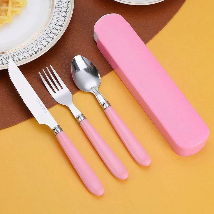 3pcs Portable Stainless Steel Student Cutlery Set, Spoon, Fork, Knife Stainless Steel Dinnerware, Suitable For Picnic, Work, Camping, School, Travel, Reusable Tableware With Container, Dishwasher Friendly