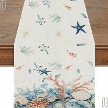 1PC Coastal Table Runner,Nautical Starfish Coral Shell Beach Ocean Dining Tablerunner For Rustic Farmhouse Summer Table Indoor/Outdoor Party Restaurant Decor - stay-02 - View 2