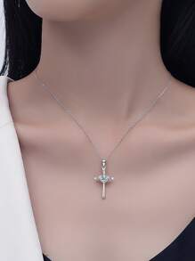1pc 925 Sterling Silver Zirconia Heart Cross Pendant Necklace, Personalized Cross Heart Shaped Clavicle Chain Jewelry Gift For Women - Cross - View 3