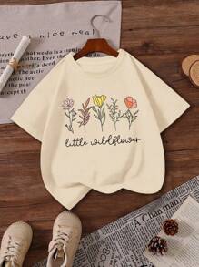 女童花卉标语印花圆领短袖T恤，春夏休闲T恤 - 杏色 - 查看 3