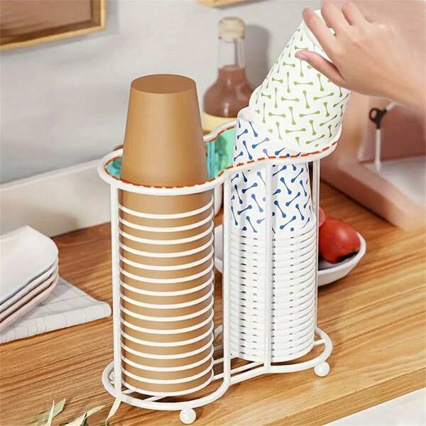 1PC Iron Double Tube Disposable Cup Holder, Space-Saving Tabletop Storage Rack For Wedding, Home, Office, Bar, Cafe - Sturdy, Easy To Use, Convenient Cup Organizer