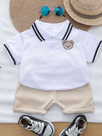 Toddler Baby Cartoon Bear Embroidery Polo Shirt & Shorts Set For Summer