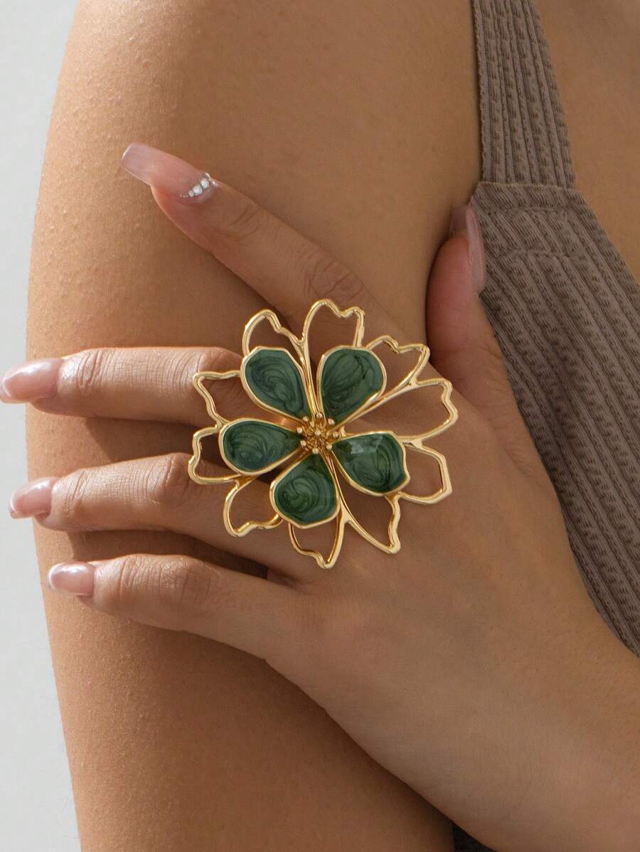 1 pieza Anillo personalizado con 5 pétalos de flor verde hueco de doble capa con efecto goteo (sin caja de regalo) - Verde - Ver 1