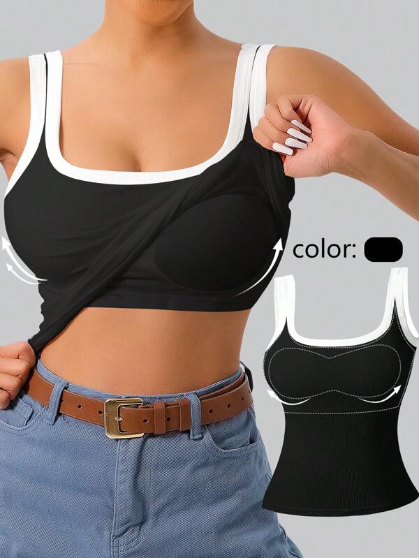1 pieza Camiseta deportiva con sujetador incorporado talla grande 2 en 1, informal con cuello en U ancho, sin mangas, en color block, negra