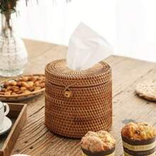 1pc Round Rattan Tissue Box, Living Room Tabletop Cylinder Tissue Paper Roll Holder, Bathroom Toilet Paper Storage DispenserFor Home Kitchen Bedroom Living Room Dining Room, Home Decoration Accessories, Decorative Box,Women Wedding Gift,Summer Travel Holiday Festival Must-Have - Coffee Brown - View 5